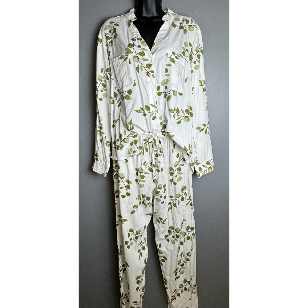 Poppy &  CO Botanical Print White Pajama Set Button Down Top Drawstring Pants MD